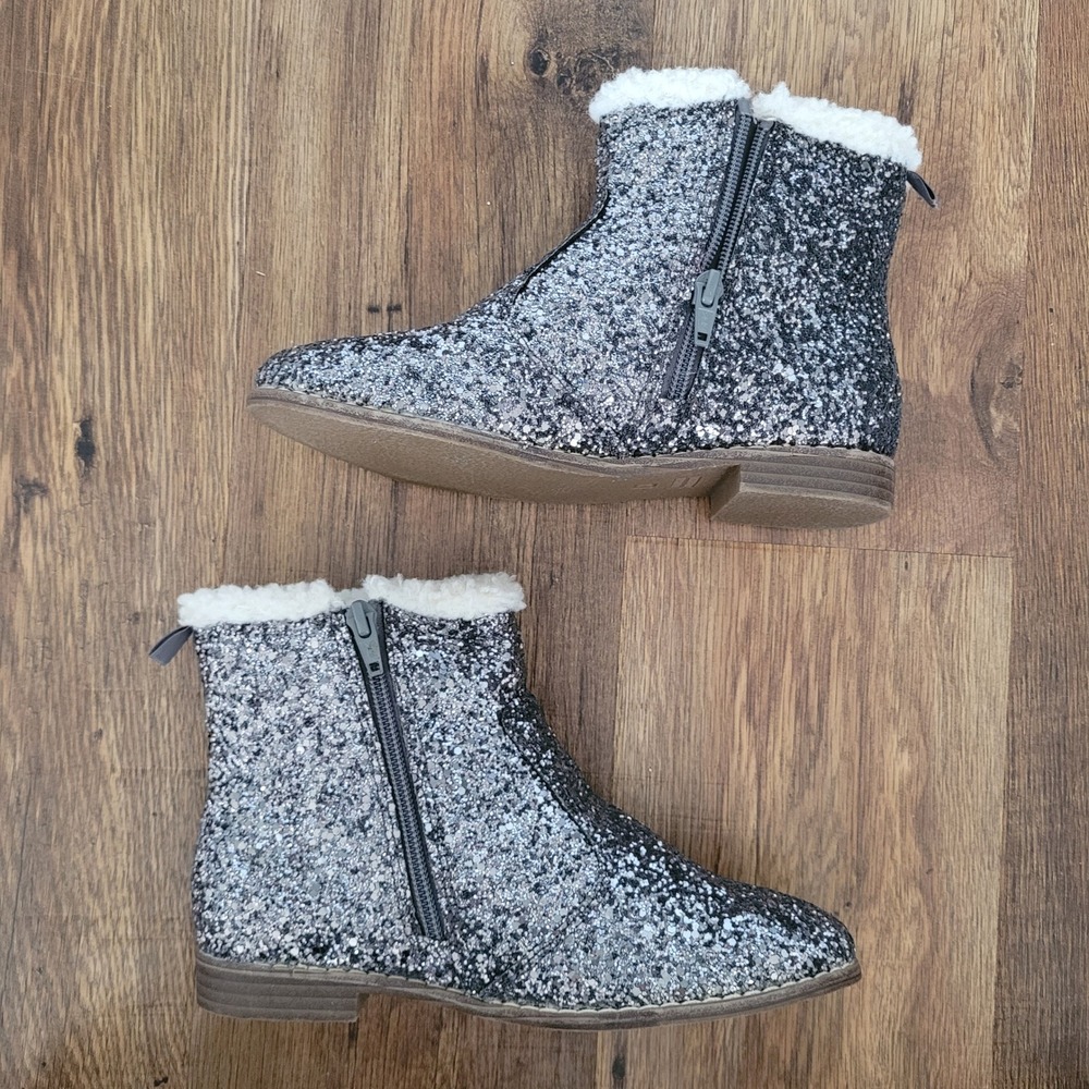 Gap Kids Girls Pewter Grey Glitter Ankle Boots Faux Shearling Fur Trim Size 3 - Picture 10 of 10